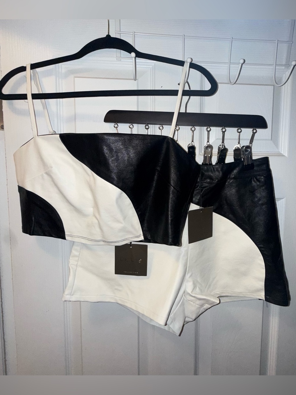 Black and White Colorblock Leatherette Crop Top & Shorts Set, NWT, Medium